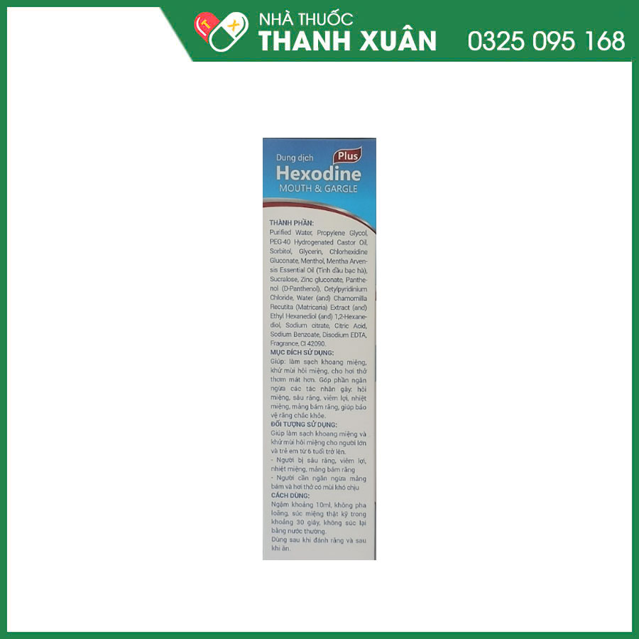 Dung dịch súc miệng Hexodine Plus giúp làm sạch khoang miệng, khử mùi hôi miệng, hỗ trợ viêm lợi, nhiệt miệng, mảng bám răng